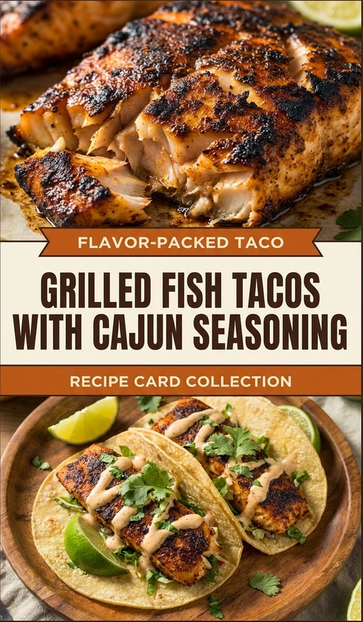 Three grilled Cajun fish tacos in corn tortillas topped with shredded cabbage, fresh cilantro, and a squeeze of lime.