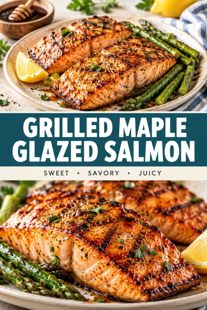 Grilled maple glazed salmon fillet with char marks, served on a plate with steamed asparagus and a lemon wedge.