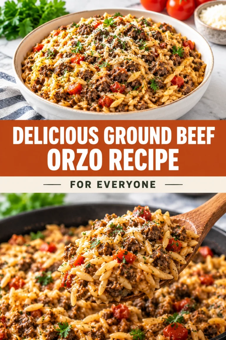 A skillet of ground beef and orzo pasta cooked with diced carrots and peas, garnished with fresh parsley.