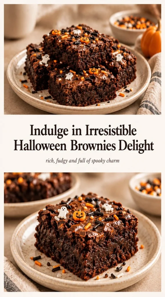 Square chocolate brownies topped with orange frosting and small candy corn pieces, arranged on a dark platter for Halloween.