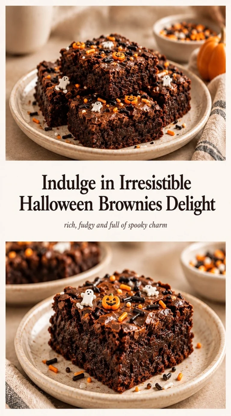 Square chocolate brownies topped with orange frosting and small candy corn pieces, arranged on a dark platter for Halloween.