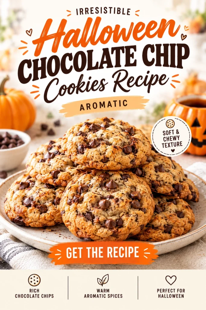 A stack of warm chocolate chip cookies decorated with orange and black Halloween sprinkles on a rustic wooden platter.
