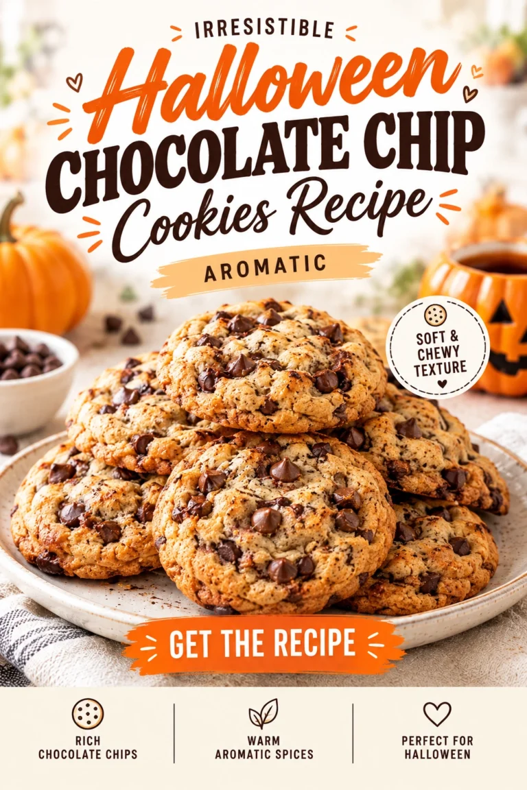 A stack of warm chocolate chip cookies decorated with orange and black Halloween sprinkles on a rustic wooden platter.