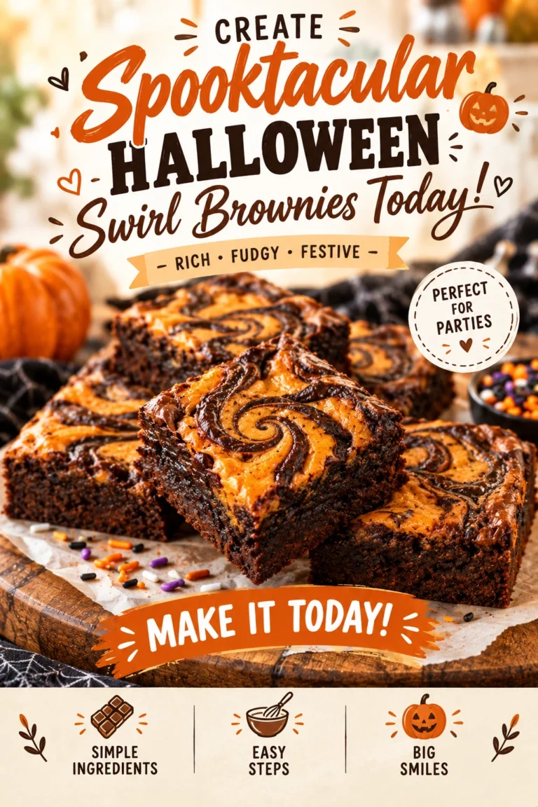 Square chocolate brownies with an orange and white cream cheese swirl pattern and small sugar ghost decorations on top.