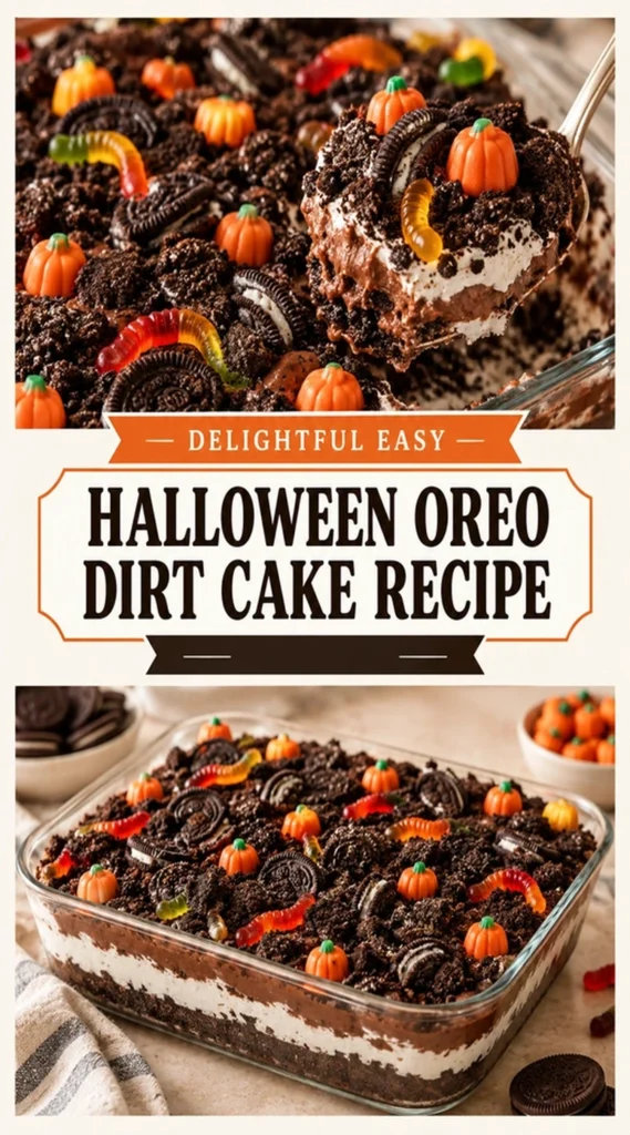 A chocolate dirt cake topped with crushed Oreo crumbs, gummy worms, and chocolate cookies in a glass serving bowl.