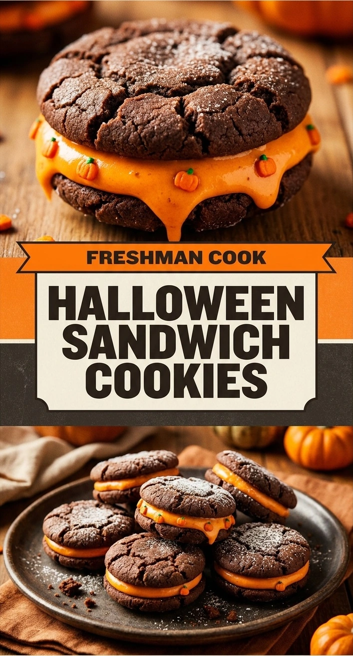 Halloween sandwich cookies with orange icing and spooky black icing decorations arranged on a white platter.