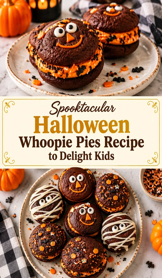 Mini orange whoopie pies filled with white cream and decorated with small chocolate ghost faces on a platter.