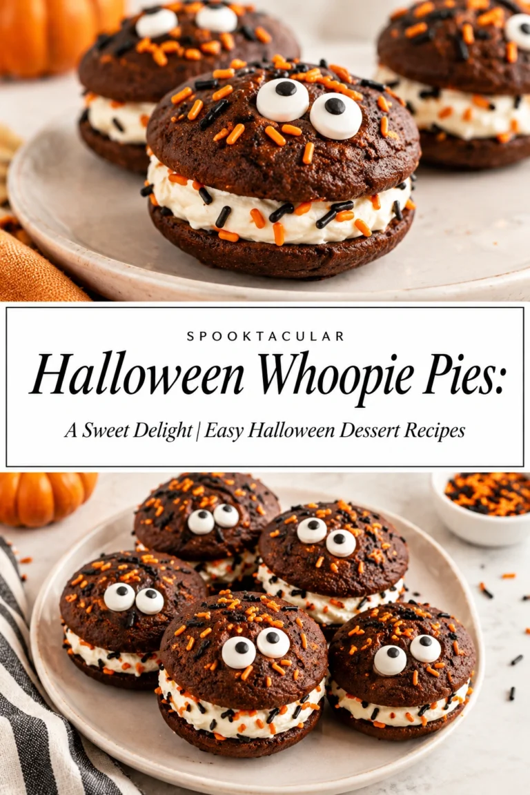 Halloween whoopie pies with orange cake and white cream filling, decorated as pumpkins with tiny green stems.