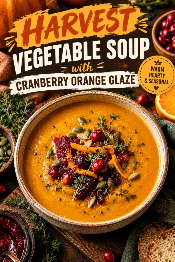 A bowl of hearty vegetable soup with carrots and potatoes, drizzled with a glossy cranberry orange glaze and parsley.