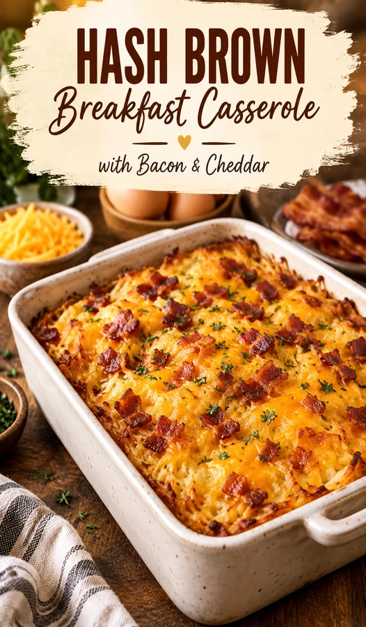 Golden brown hash brown breakfast casserole topped with melted cheddar cheese and crispy bacon bits in a baking dish.