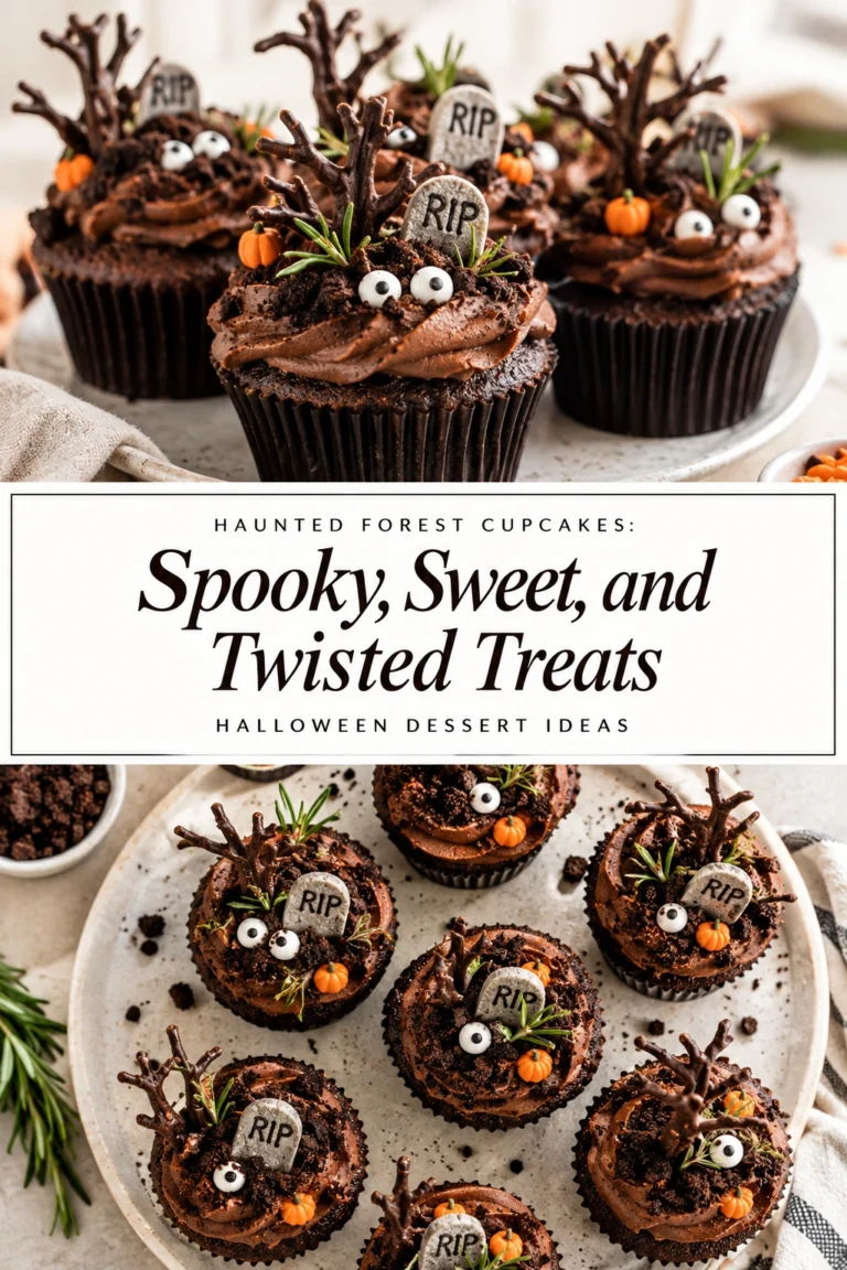 Chocolate cupcakes topped with tall swirls of grey frosting, chocolate cookie crumbs, and small chocolate tree-shaped decorations.