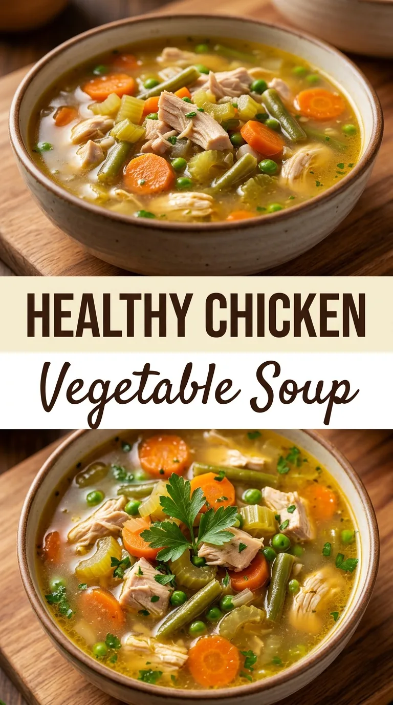 A bowl of chicken vegetable soup with chunks of chicken, carrots, celery, and peas in a clear savory broth.