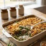 Creamy green bean casserole in a white baking dish topped with golden brown crispy fried onions.