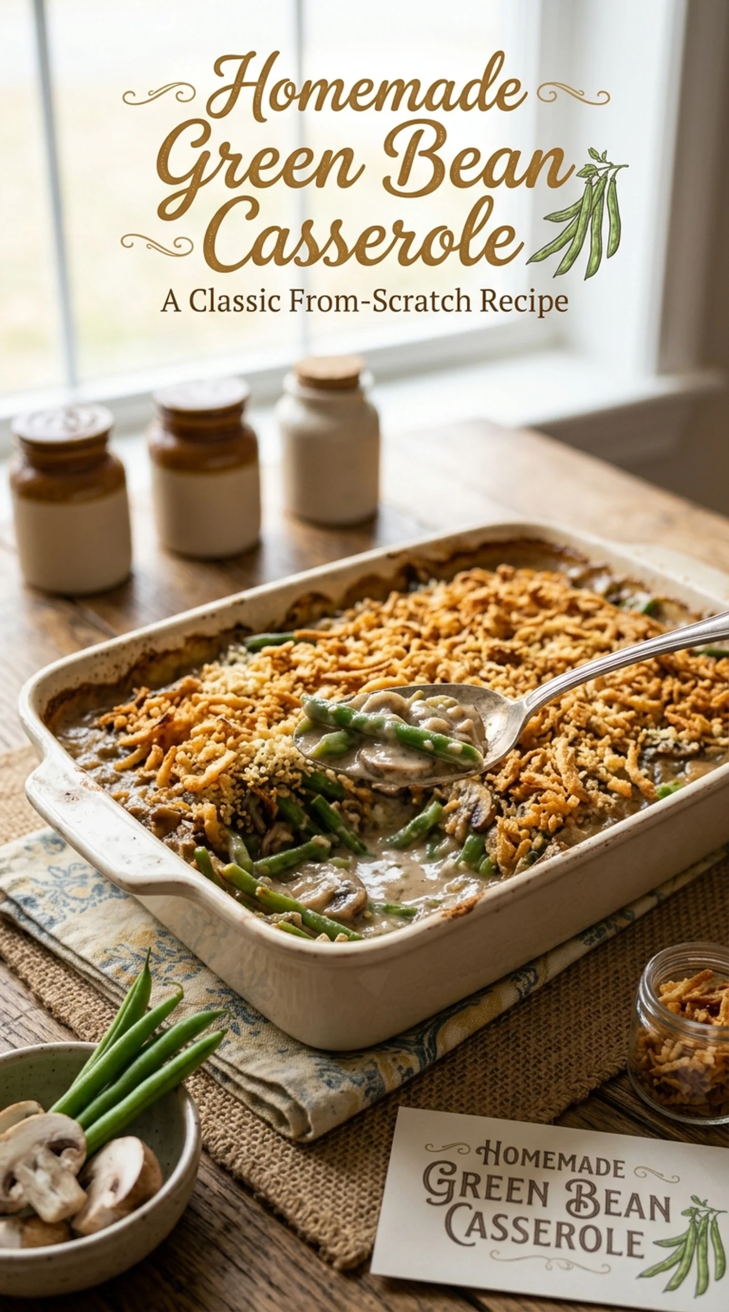 Creamy green bean casserole in a white baking dish topped with golden brown crispy fried onions.