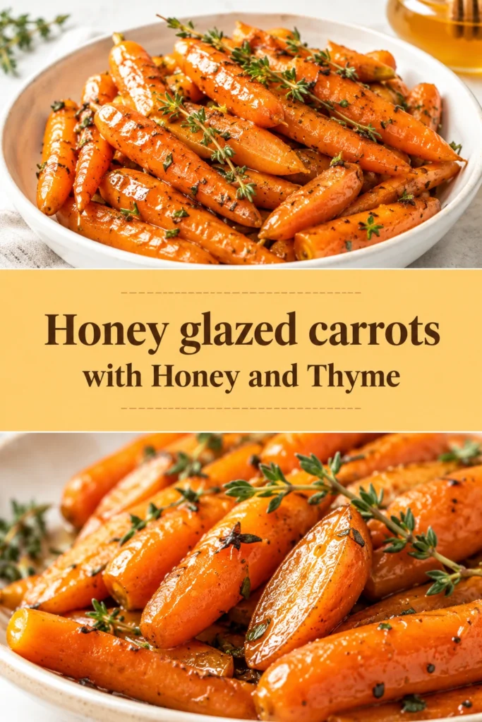 Roasted glazed carrots topped with fresh thyme leaves in a white serving dish, glistening with a golden honey glaze.