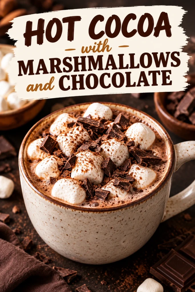 A mug of rich hot chocolate topped with melted mini marshmallows and chocolate shavings on a rustic wooden background.