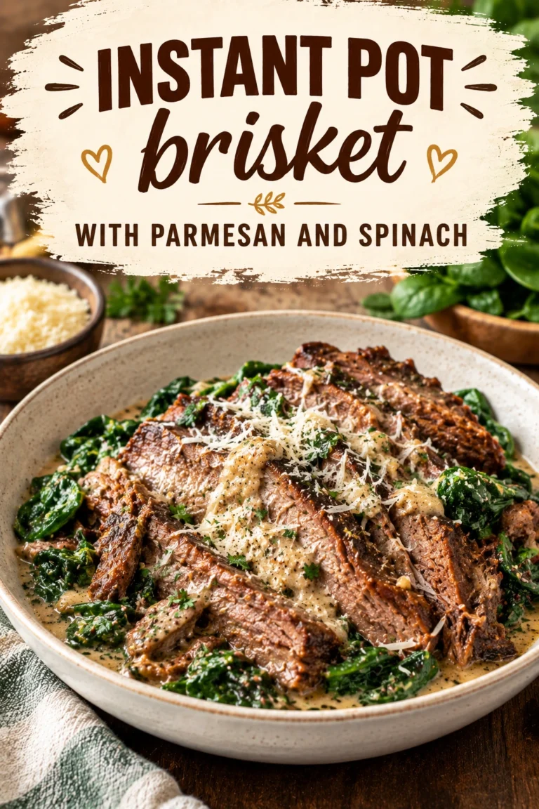 Sliced tender brisket topped with melted parmesan cheese and sautéed spinach, served in a rustic ceramic cooking dish.