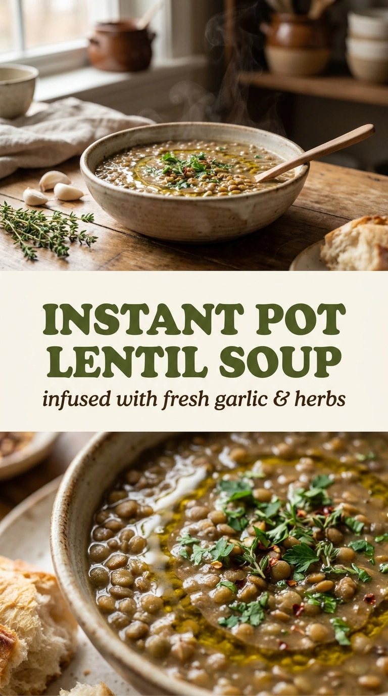 A bowl of hearty brown lentil soup with carrots and celery, garnished with fresh parsley and cracked black pepper.