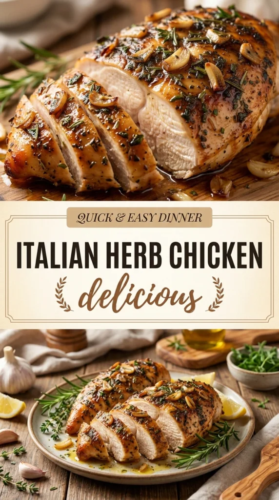 Golden brown seared chicken breasts topped with fresh parsley and rosemary, served in a pan with garlic cloves.