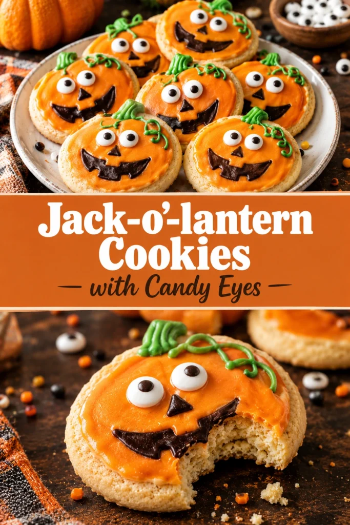 Orange pumpkin-shaped sugar cookies decorated as jack-o'-lanterns with black icing faces and small candy eyes on a platter.
