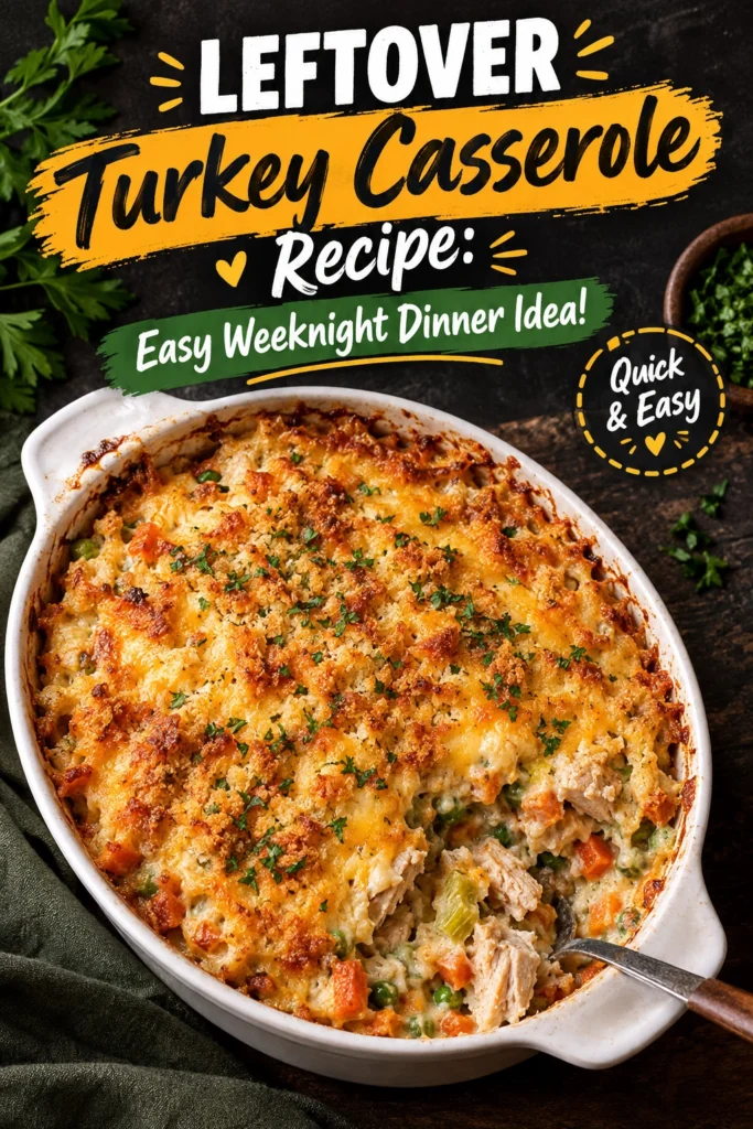 Creamy turkey casserole with vegetables and a golden-brown breadcrumb topping in a white ceramic baking dish.