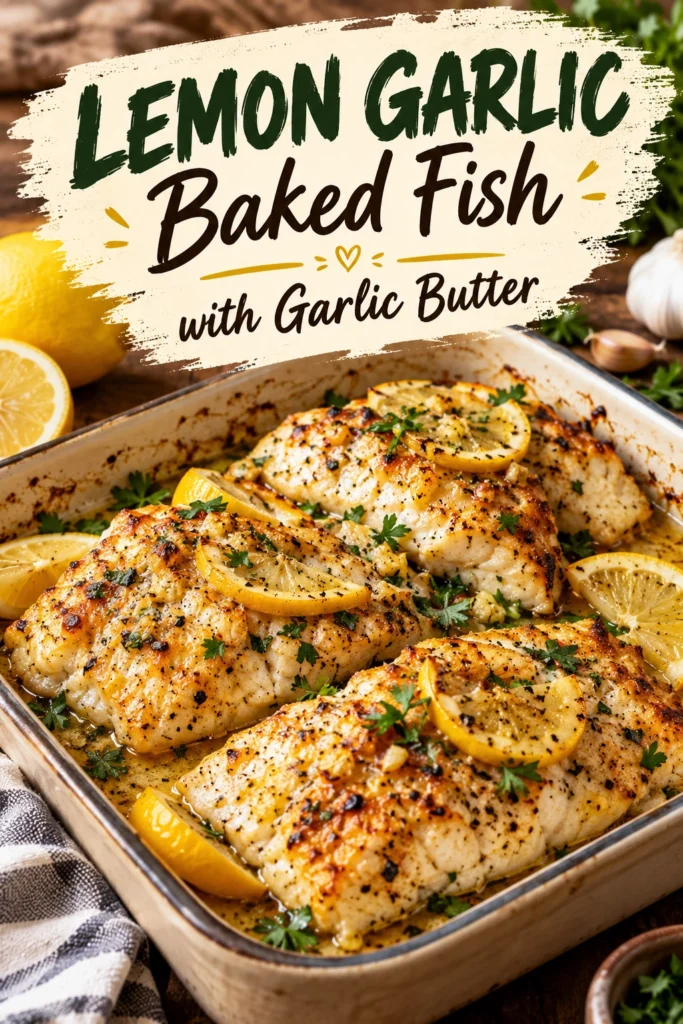 Baked white fish fillets topped with melted garlic butter, fresh parsley, and lemon slices on a baking sheet.