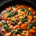 A bowl of hearty vegetable minestrone soup with beans, carrots, celery, and kale in a savory tomato broth.