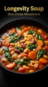 A bowl of hearty vegetable minestrone soup with beans, carrots, celery, and kale in a savory tomato broth.