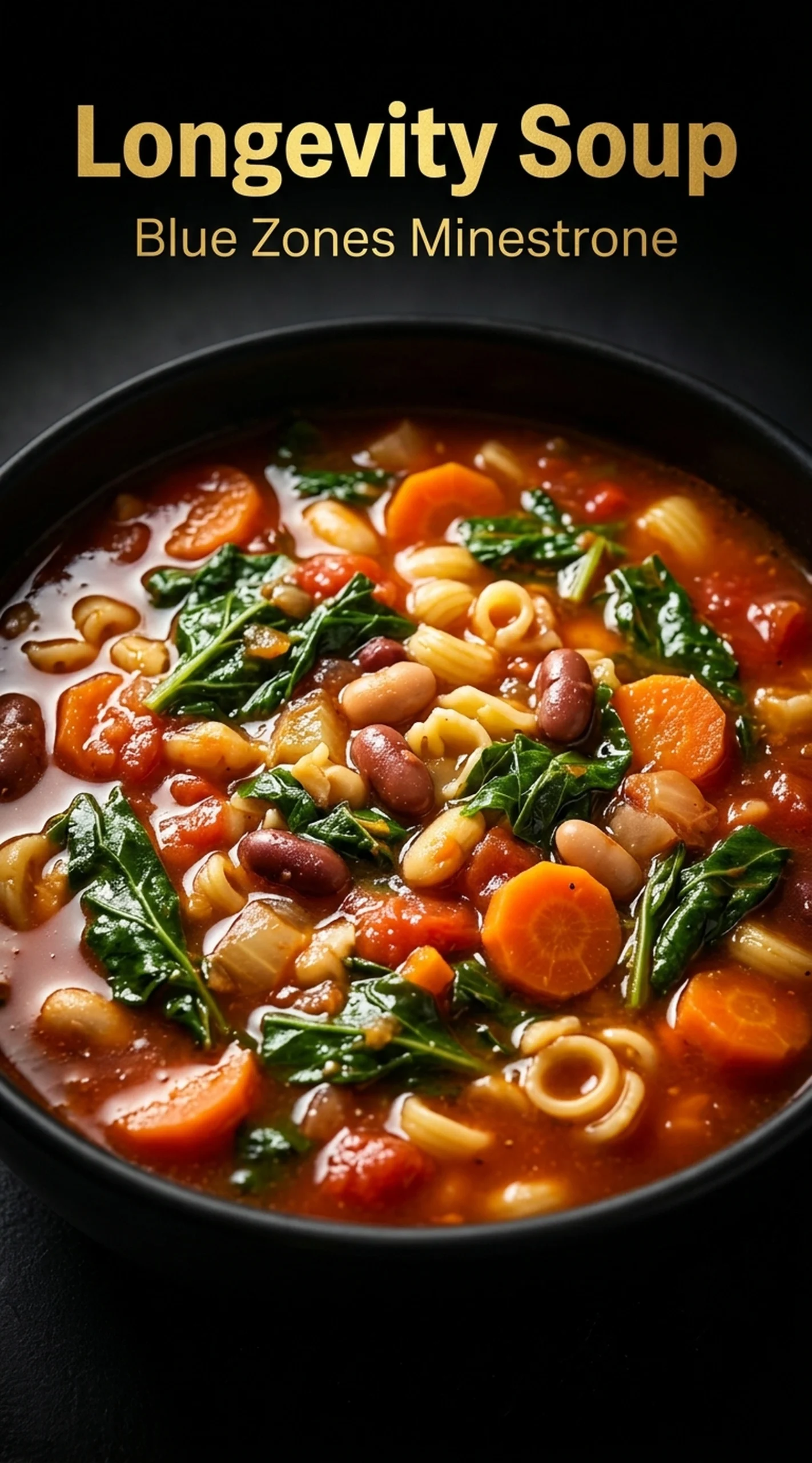 A bowl of hearty vegetable minestrone soup with beans, carrots, celery, and kale in a savory tomato broth.