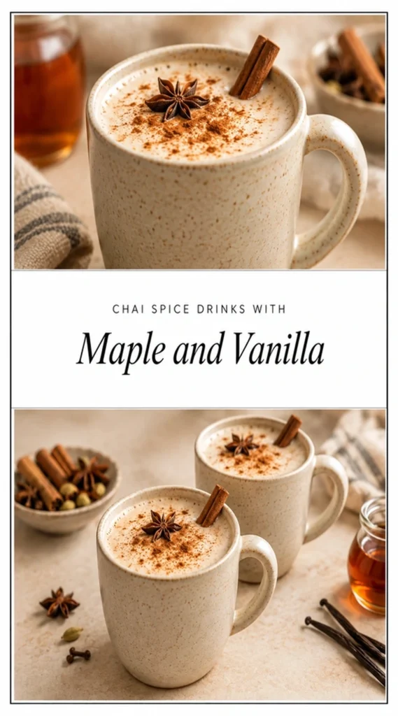 A creamy maple vanilla chai drink in a glass mug, topped with frothed milk and a sprinkle of cinnamon.