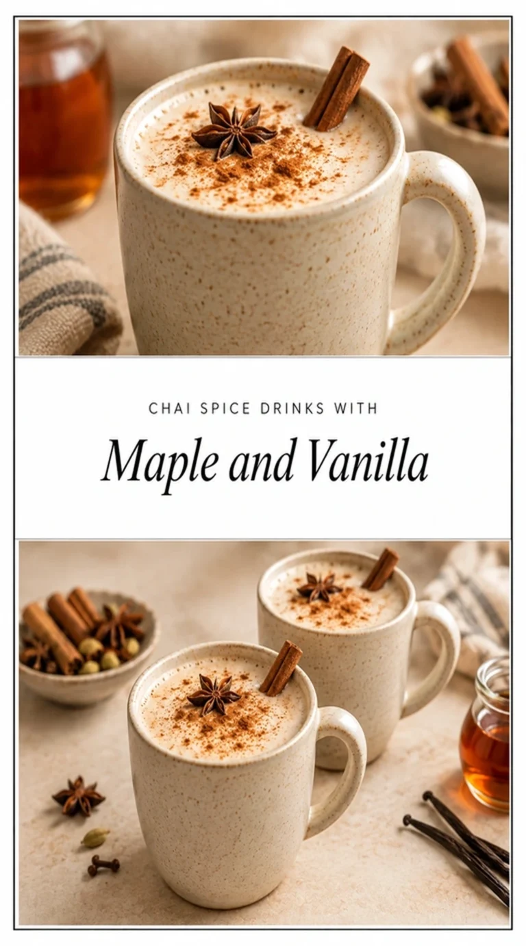 A creamy maple vanilla chai drink in a glass mug, topped with frothed milk and a sprinkle of cinnamon.