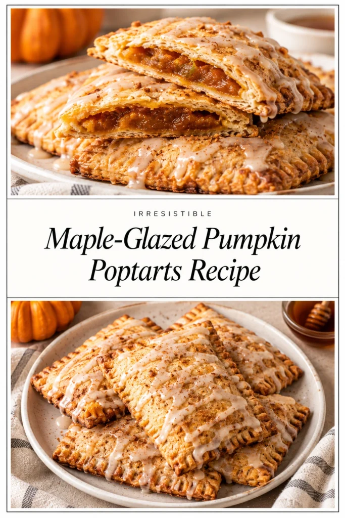 Two golden-brown pumpkin poptarts topped with a maple glaze and a dusting of cinnamon on a white plate.