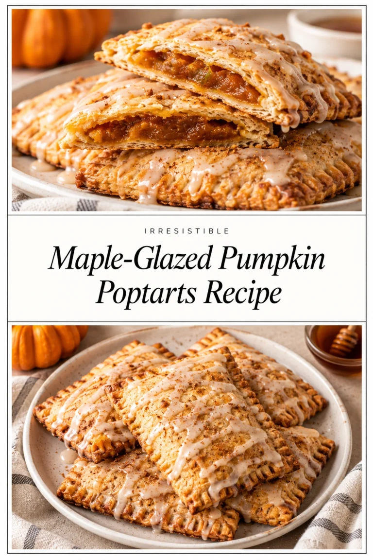 Two golden-brown pumpkin poptarts topped with a maple glaze and a dusting of cinnamon on a white plate.