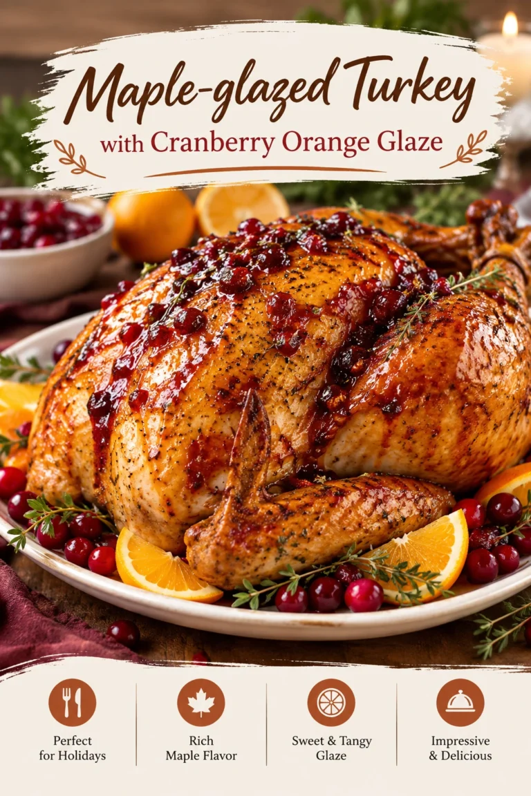 Whole roasted turkey with a glossy maple and cranberry orange glaze, garnished with fresh cranberries and orange slices.
