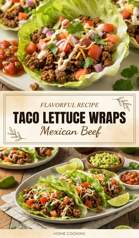 Seasoned ground beef in fresh romaine lettuce leaves topped with diced tomatoes, red onion, cilantro, and a squeeze of lime.