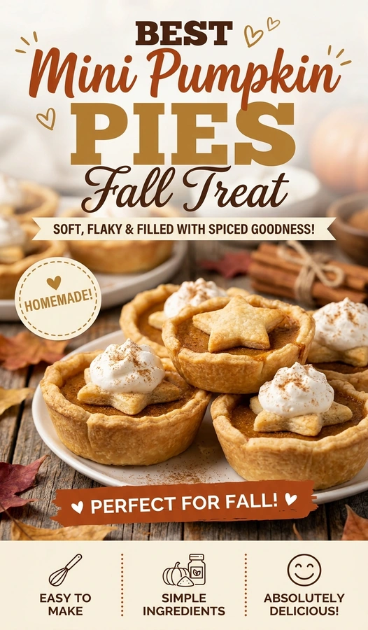 Several mini pumpkin pies in a baking tin, topped with dollops of whipped cream and a pinch of cinnamon.