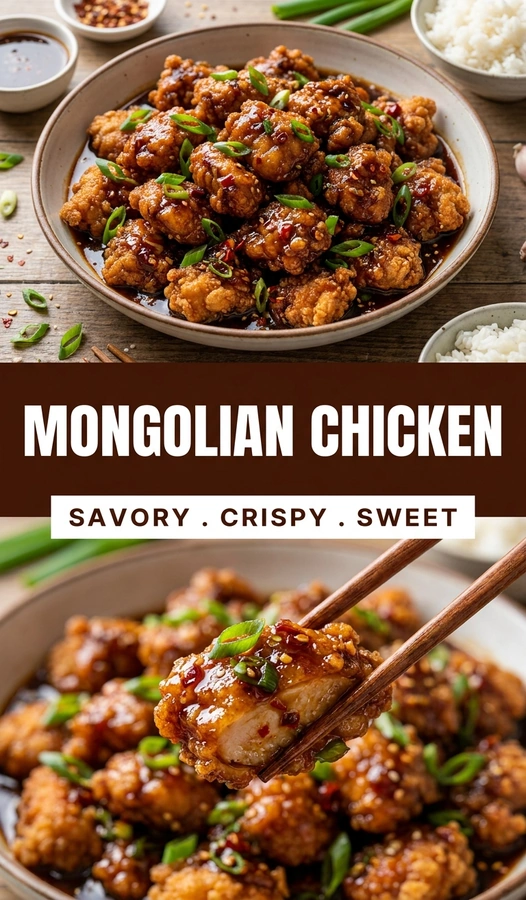Glazed Mongolian chicken pieces with green onions in a dark savory sauce, served in a bowl over white rice.