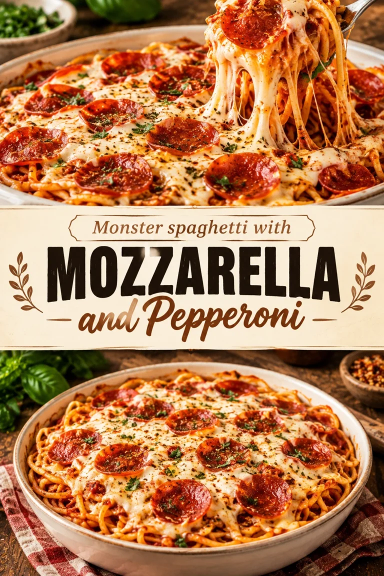 Spaghetti noodles shaped like a monster with pepperoni eyes and a mozzarella cheese mouth on a white plate.