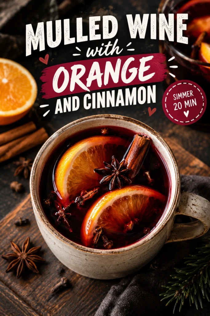 Two glasses of dark red mulled wine garnished with orange slices and cinnamon sticks on a rustic wooden table.