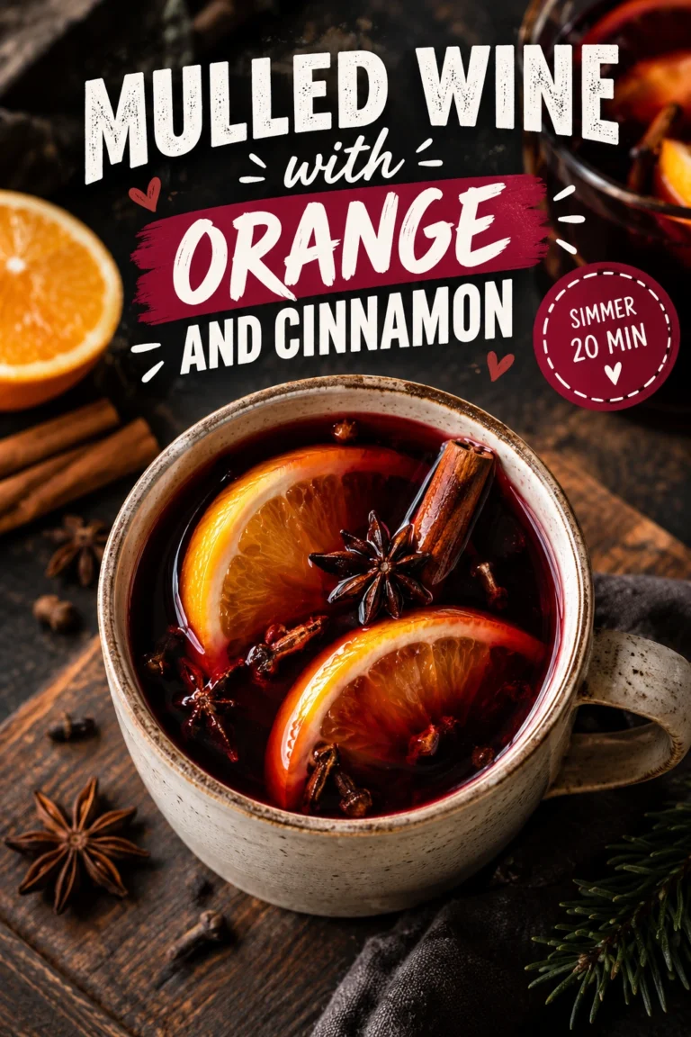 Two glasses of dark red mulled wine garnished with orange slices and cinnamon sticks on a rustic wooden table.