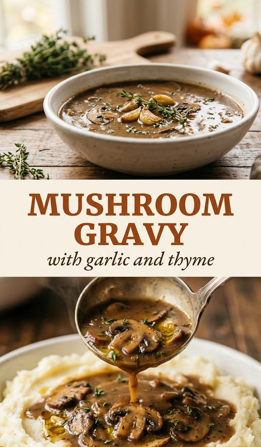 A white bowl filled with rich brown mushroom gravy, featuring sliced mushrooms and fresh thyme leaves as garnish.