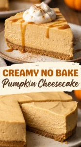 A slice of creamy pumpkin cheesecake with a graham cracker crust, topped with whipped cream on a white plate.