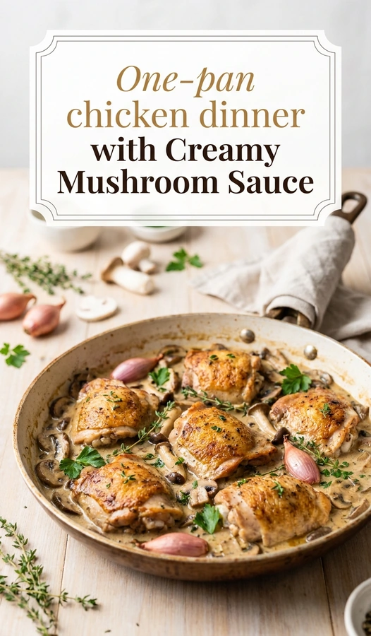 Seared chicken breasts in a creamy mushroom sauce with sliced mushrooms, served in a cast iron skillet.
