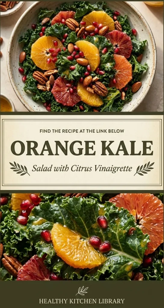 A fresh kale salad with orange segments, sliced almonds, and a citrus vinaigrette in a white ceramic bowl.