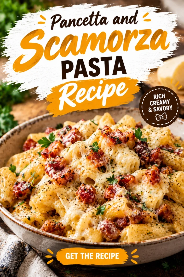 Creamy pasta tossed with golden brown pancetta and melted scamorza cheese, served in a white bowl with fresh parsley.