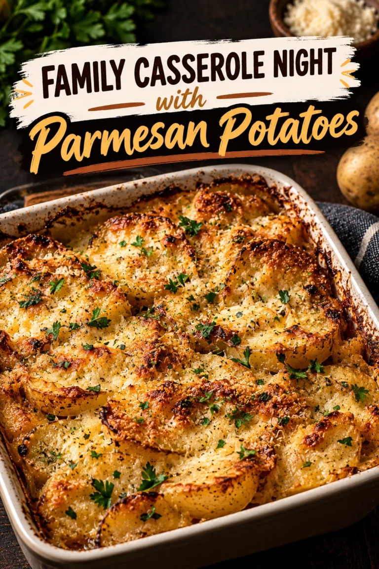 Golden brown sliced potatoes baked in a casserole dish topped with melted parmesan cheese and fresh parsley garnish.