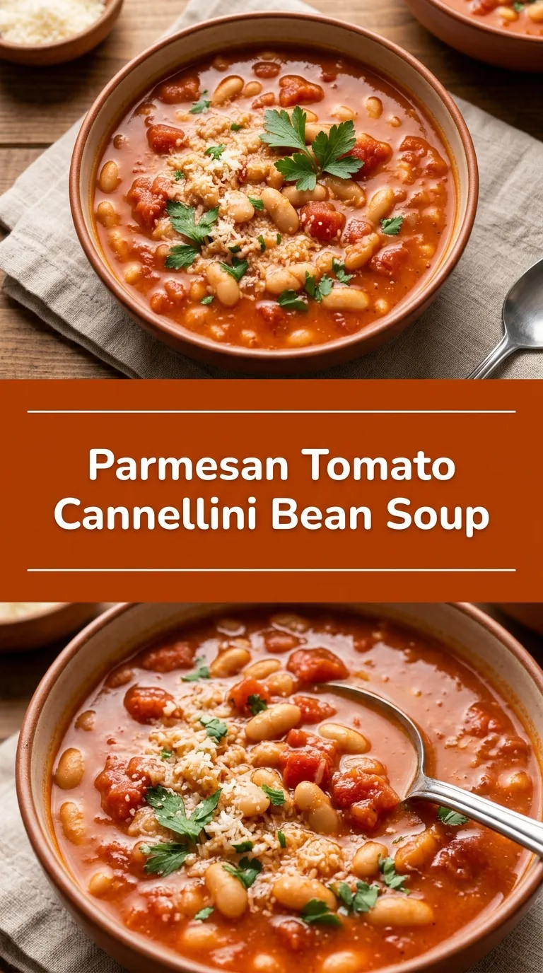 Creamy tomato and cannellini bean soup in a bowl, garnished with grated Parmesan cheese and a sprig of parsley.