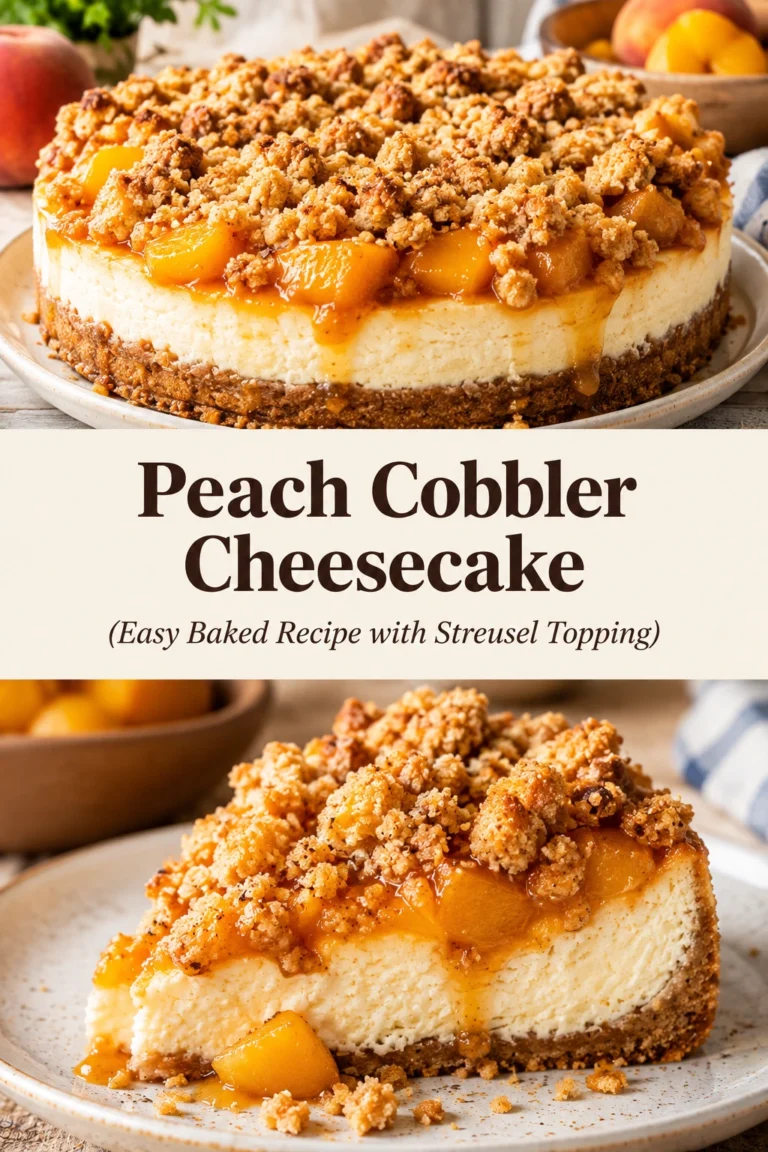 A slice of creamy cheesecake topped with spiced peaches and a golden brown cinnamon streusel crumble on a plate.