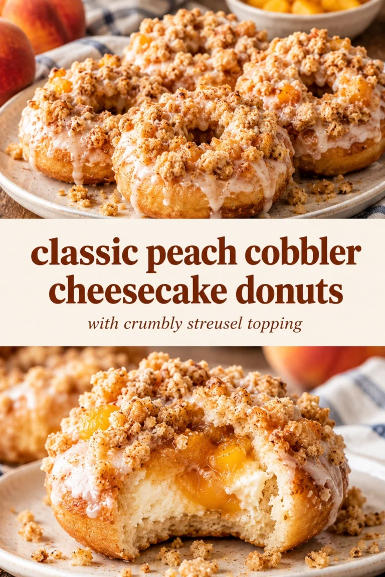 Glazed donuts filled with peach cheesecake cream, topped with fresh peach slices and a crumble topping on a platter.