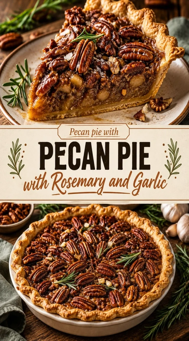 A slice of pecan pie with a golden crust, topped with toasted pecans and fresh rosemary sprigs on a plate.